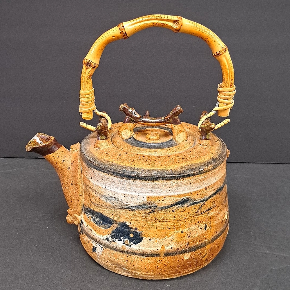 Studio Art Pottery handmade large teapot with bamboo handle artist signed